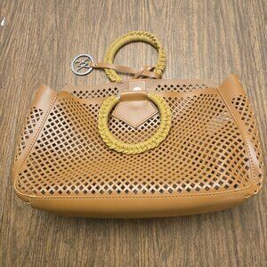 AMIANI Tan Perforated 100% PVC Leather Tote Bag w/Bag Charm Round Handles - Med